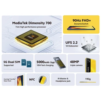 [Pasaules Pirmizrāde] Globālo Versiju, POCO M3 Pro 5G NFC 64GB/128GB Dimensity 700 Viedtālrunis 90Hz 6.5