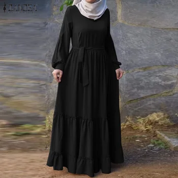 Pavasaris ar garām Piedurknēm Kaftan Vestido ZANZEA Musulmaņu Modes Vintage Cietā Kleitas Abaya Turcija Hijab Kleitu Mežģīnes Up Ruffles Sundress