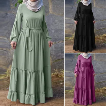 Pavasaris ar garām Piedurknēm Kaftan Vestido ZANZEA Musulmaņu Modes Vintage Cietā Kleitas Abaya Turcija Hijab Kleitu Mežģīnes Up Ruffles Sundress