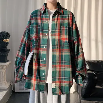 Pavasarī Un Rudenī Pleds Krekls Vīriešiem korejas Modes Zaudēt Uzņēmējdarbības Gadījuma garām piedurknēm Krekls Vīriešiem Streetwear Retro Instrumenti Krekls Vīriešiem
