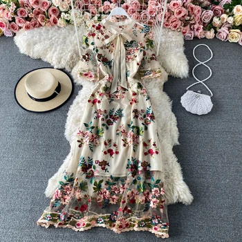 Pavasarī, Vasarā Vintage Izšuvumi Kleita Sievietēm Elegants Ziedu Birojs Kleitas Dāmas Tauriņu Salds Franču Ilgi Drēbes Vestidos Mujer