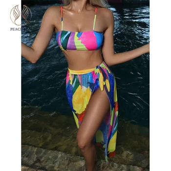 Peachtan Lenta Augsta vidukļa Krāsu bloks Drukas Svārki 3 gabals, kas Elegants bikini ir 2021. peldkostīmu sieviešu peldkostīmi sieviešu peldkostīms
