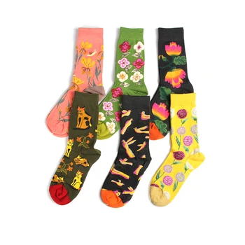 Peonfly Vīriešiem Smieklīgi, Krāsains Japāņu Stila Lotus Cute Karikatūra Dzīvniekiem, Kaķis, Putns Laimīgs Kawaii Ziedu Drukāt Kokvilnas Zeķes