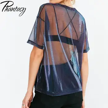 Phantasy Sexy tīrtoņa Krāsu Neto Dzijas T-krekls Vasaras Gadījuma Zaudēt Streetwear Tērpu Modes O-veida kakla Īsām Piedurknēm, Sieviešu Apģērbs