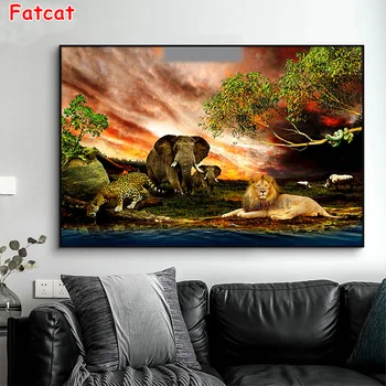 Pilnu Kvadrātveida Dimanta Krāsošana Āfrikas dzīvnieku māksla, lauva, zilonis, leopards Mozaīkas Rokdarbi Dimanta Izšuvumu Pārdošana Dekoru PP107