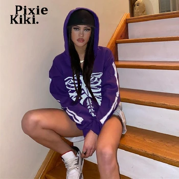 PixieKiki Skelets Iespiesti Zip Up pelēkā vārna Grunge Drēbes Sievietēm Hip Hop Streetwear sporta Krekli Violeta garām Piedurknēm Žaketes P84-EB31