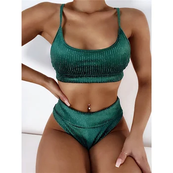 PLAVKY Seksīgi Spīdīgu Cietā Zaļā Samta Augsta Vidukļa Bikini Komplekts Peldkostīms Sievietēm Ir 2021. Peldkostīmi, Peldēšanas Pludmali, Valkāt peldkostīms