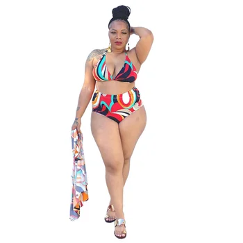 Plus Izmērs 3 Gabals Bikini Komplekts Sievietēm Vairumtirdzniecības Drukāt Augstā Vidukļa Bezmaksas Vadu Top Beatch Peldkostīmu Vasaras Apģērbu Dropshipping