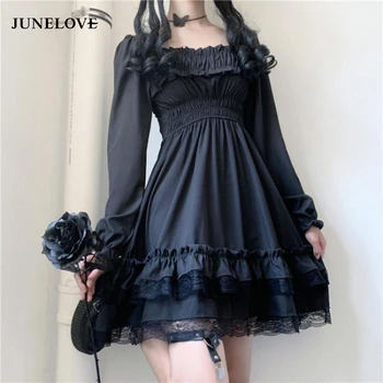 Plus Lieluma Augsta Vidukļa Gothic Kleita Puff Piedurknēm Ar Mežģīņu Ruffles Puse Kleita Japāņu Lolita Sieviešu Princese Melna Mini Kleita