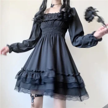 Plus Lieluma Augsta Vidukļa Gothic Kleita Puff Piedurknēm Ar Mežģīņu Ruffles Puse Kleita Japāņu Lolita Sieviešu Princese Melna Mini Kleita