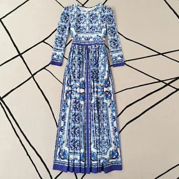 Plus Lieluma Gara Kleita Rudens Augstas Kvalitātes Bohēmijas Jaunu Sieviešu Modes Gadījuma Elegants Vintage Blue Print Puse Kleitas Šifona