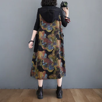 Plus Lieluma Kapuci Džinsa Kleita bez Piedurknēm Sievietēm kovboju Kleita Gadījuma Lielas Kabatas Jean-Line Kleita Maxi Baggy Vintage Kleitas