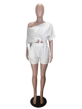 Plus Lieluma Sievietēm Gadījuma Svītrainām Drukāšanas Divas Gabals Komplekti Modes Īsām Piedurknēm Brīvs T-krekli Elastīgs Viduklis Mini Šorti Tērpiem