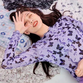 Plānas Vasaras Sieviešu garām Piedurknēm Tees Sauļošanās Apģērbu Ruffles Tauriņš Drukāt Gumijas Marli Pārredzamu Violeta korejas Modes