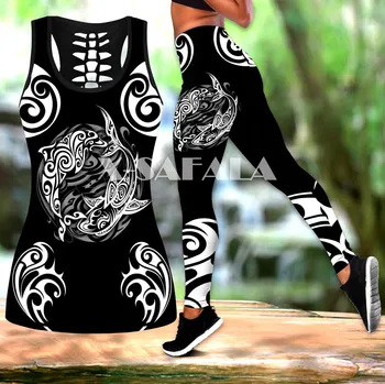 Pohnpei Polinēziešu Tetovēšanas Bruņurupucis Divas Gabals Jogas Komplekts Sievietēm 3D Drukas Dobi No Tvertnes Augšpusē Augsta Vidukļa Legging Vasaras Gadījuma Sports-7