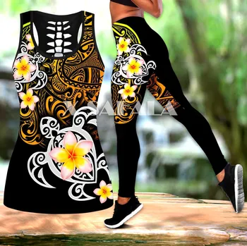 Pohnpei Polinēziešu Tetovēšanas Bruņurupucis Divas Gabals Jogas Komplekts Sievietēm 3D Drukas Dobi No Tvertnes Augšpusē Augsta Vidukļa Legging Vasaras Gadījuma Sports-7