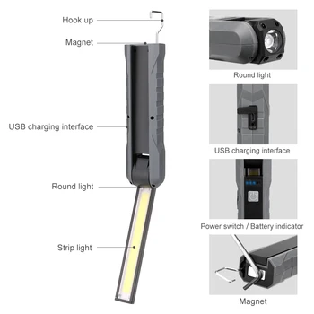 Portatīvo COB Lukturīti Lāpu, USB Uzlādējams LED Darba Gaismas Magnētisko Lanterna iekarināšanas Āķis Lampas Āra Taktiskais Lukturītis