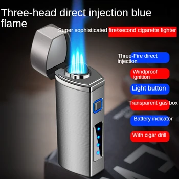Pretvēja piepūšamās vieglāks trīs taisni cigāru šķiltavas metāla zilu liesmu radoša personība, USB uzlādējams vieglāks