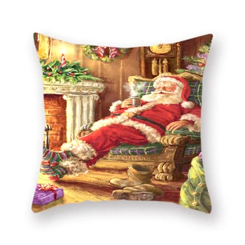 Priecīgus Ziemassvētkus Dīvāna Spilvena Vāka Santa Sniega Lodge Suns Drukāt Laimīgu Jauno Gadu Spilvendrāna Rotājumi Mājās 45x45cm