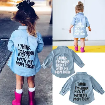 PUDCOCO Stilīgs Baby Toddler Meitene Rudens Drēbes Vēstuli Izdrukāt Džinsa Blūze Topi ar garām Piedurknēm T-Krekls Silts Mētelis, Krekls 2-7T