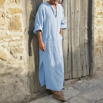 Puimentiua Vīriešiem Vintage Pusi Piedurknēm Musulmaņu Drānās Atpūtas V Kakla Cieto 2021 Jaunu Gadījuma Cietā Raibs arābu Drēbes, Kabatas 5XL