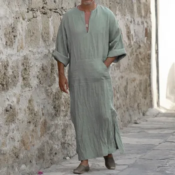 Puimentiua Vīriešiem Vintage Pusi Piedurknēm Musulmaņu Drānās Atpūtas V Kakla Cieto 2021 Jaunu Gadījuma Cietā Raibs arābu Drēbes, Kabatas 5XL
