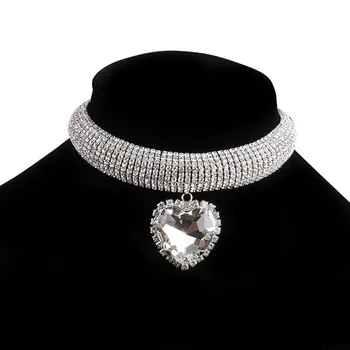 Pārspīlēti 3D Rhinestone Zircon Lielo Mīlestību Sirds Kulons sānslīdi kaklasaite Kaklarota Sievietēm Luksusa Kristāla Clavicle Ķēdes Apkakles sānslīdi kaklasaite