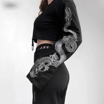 Pūķis Drukāt Brīvs Džemperis Izlīdzināšanu Piedurknēm Hoodies Sieviete Modes Gadījuma Streetwear Comfy Īss Top Sporta Krekli Jauna Rudens Apģērbs