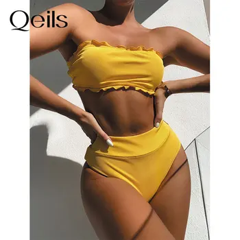 Qeils Vasarā Bikini Sieviešu Peldkostīms ar Augstu Vidukli, Peldbikses Salātu Savirmot peldkostīmu High Cut Beachwear Ir 2021. Jaunas