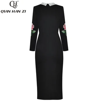 Qian Han Zi dizaineru modes skrejceļa sieviešu kleita Mežģīņu apkakli, garām piedurknēm retro pogu slim Vidēja garuma Rozes izšūtu kleitu