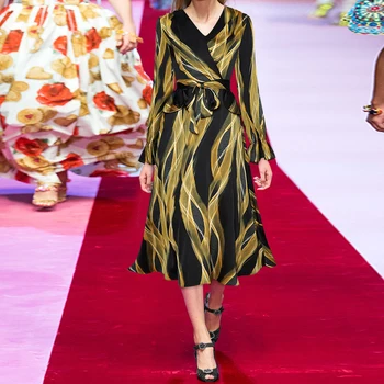 Qian Han Zi Pavasara vasaras Dizaineru Sieviešu Kleitas Uzliesmoja piedurknēm modelis drukāšanas Slim jostas Vintage midi kleita