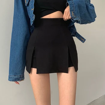QOERLIN High Stretch Shorts Korean Style Split Push Up Shorts Skirts Female Plus Size Summer Black Skirt Bodycon Slim Saia Mujer