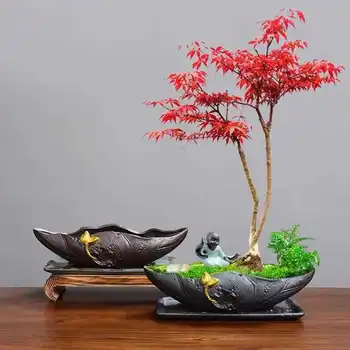 Rakstāmgalda puķu pods ainavu mikro ainavu pundurkociņš pot radošā keramikas glezniecības zelta melnās keramikas podiņā bambusa pot stādīšanas