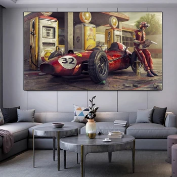 Retro Racing F1 Ferrari Eļļas Glezna Klasika Vintage Automašīnu un Zēni Kanvas Glezna Plakāti un Izdrukas Mūsdienu Mājas Dekoru