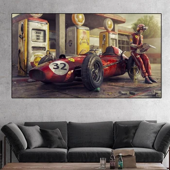 Retro Racing F1 Ferrari Eļļas Glezna Klasika Vintage Automašīnu un Zēni Kanvas Glezna Plakāti un Izdrukas Mūsdienu Mājas Dekoru
