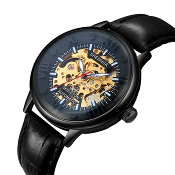 Retro Skelets Mehāniskās Skatīties Automātiskā Self Likvidācijas Vīriešu rokas Pulkstenis Luksusa Ādas Steampunk Uhr Reloj Vīriešu Pulkstenis montre homme
