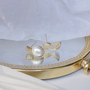 Romantiska 14K Zelta Pārklājumu Ģeometrisko auskariem Japāņu&Korejas Delikāts Rotaslietas Zircon Pērļu Auskari