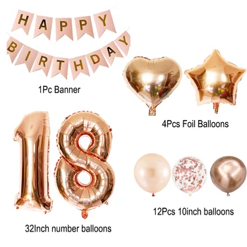 Rose Gold Puse Dekorācijas Komplekts 18. Dzimšanas dienas Balonus Uzstādīt Happy Birthday Banner Konfeti Lateksa Baloni Sieviete Puse Dekori