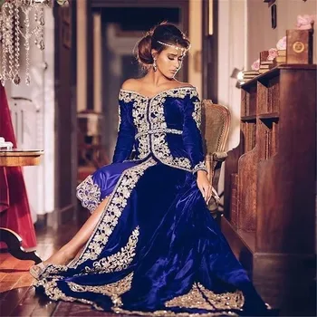 Royal Blue Velvet Balli Formālās Kleitas Ar Garām Piedurknēm Ar Mežģīņu Aplikācijas Karakou Alžīrija Caftan Aravbic Vakarkleita Valkāt Drēbes
