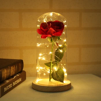 Rožu Kolba ar Stikla Kupolu Gaismas Zīda Sezama Mākslīgo Rožu Ziedu Lukturi ar LED Gaismas Stīgas Saglabāts uz Koka Bāzes