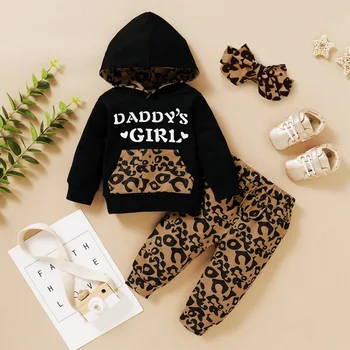 Rudens Jaunās Bērnu Drēbītes Meitenei Vēstules Leopards Drukāt Garām Piedurknēm Pelēkā Vārna Sporta Krekls Blūze Topi+Bikses Galvu Ikdienas Komplekts
