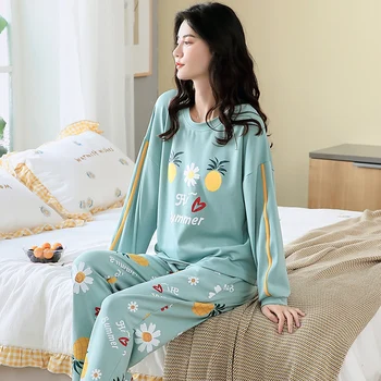 Rudens Kokvilnas Pijama Mājas Drēbes Karikatūra Drukāt Pidžamas Komplekts Sieviešu Pidžamas Homewear garām piedurknēm Sleepwear Zaudēt Nakts tērps Sieviete