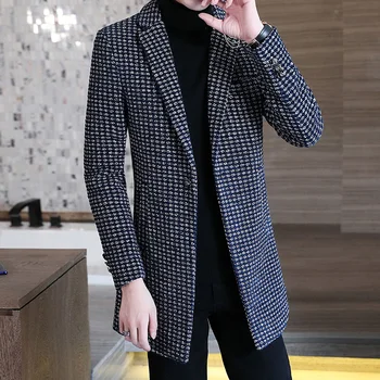 Rudens un ziemas skaists vidēja garuma uzvalks vīriešu moderns matu stilists jaka korejiešu stila slim vilnas mētelis pusaudžiem