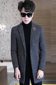 Rudens un ziemas skaists vidēja garuma uzvalks vīriešu moderns matu stilists jaka korejiešu stila slim vilnas mētelis pusaudžiem