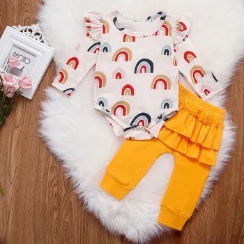 Rudens Ziemas 3PCS Bērniem Toddler Jaundzimušais Meitene Drēbes, Uzstādīt Ruffles garām Piedurknēm Varavīksnes T-krekls Topi+Bikses Bērnu Meitene Tērpiem