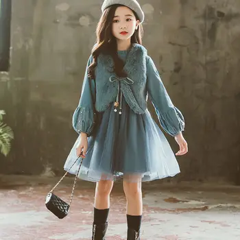 Rudens Ziemas Bērnu Apģērbu Meitene Princese Puse Kleita Silts Meiteņu Kleita Pavasara Gadījuma Garām Piedurknēm Mežģīņu Kleita Uzvalks
