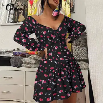 S - Celmia Sieviešu Ikdienas Brīvdienu-line Mini Kleita 2021. Gada Vasaras Ziedu Iespiesti Sexy V-veida kakla Sundress Modes Shirring Vestidos