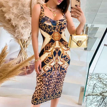 S-XL Vasaras Sieviete, Seksīga Modes bez Piedurknēm Gepards Šalle Drukāt Colorblock Midi Kleita Dzeltena Leopard Tvertnes Cieši Puse Kleita Klubs