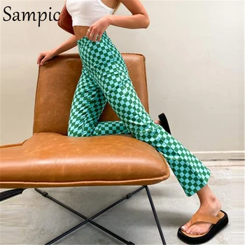 Sampic Vintage Capri Sarkans Sieviešu Ikdienas Pleds Augstas Starām. Izdilis Y2K Izlīdzināšanu Bikses Modes Vasarā ir 2021. korejiešu Stila Bikšu Bikses