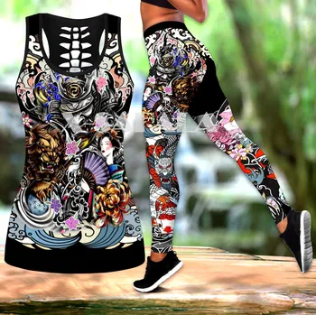 Samurai Tetovējums Mākslas Stulpiņi Divas Gabals Jogas Komplekts Sievietēm 3D Drukas Veste Dobi No Tvertnes Augšpusē Augsta Vidukļa Legging Vasaras Ikdienas Sporta
